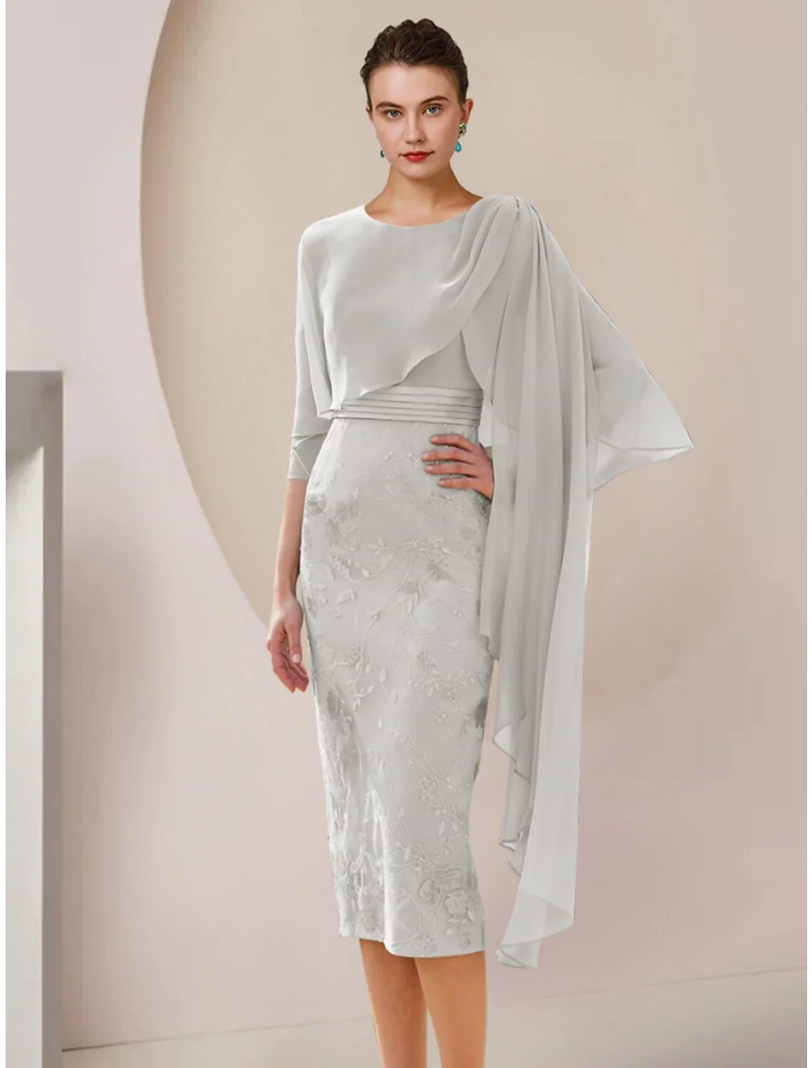 Wholesale A-Line Mother of the Bride Dress Wedding Guest Elegant Petite Jewel Neck Tea Length Chiffon Lace Half Sleeve with Ruching Solid Color
